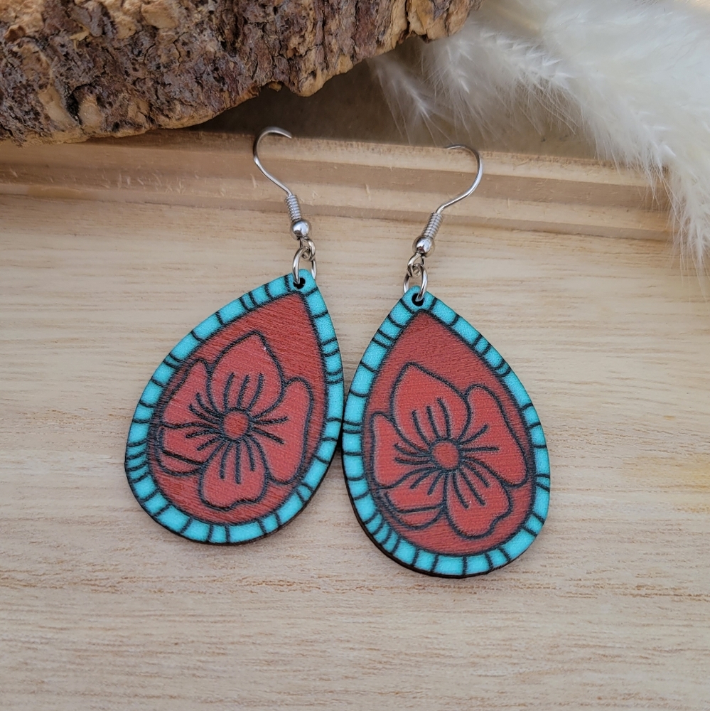Stamped Southwestern Style Flower Wood Earrings